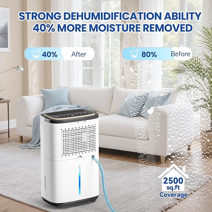 3000 Sq.Ft Dehumidifier for Basement with Drain Hose, 30 Pint Large Best Compressor Dehumidifiers for Home or Garage, Smart Humidity Control, 24H Timer & Child Lock, Ideal for Large Rooms, Garage - Image 2