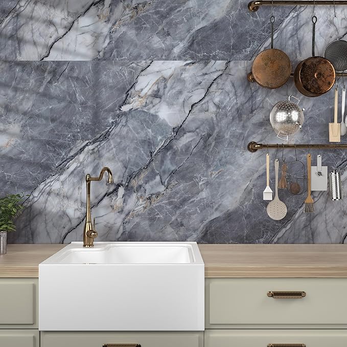 Marble Peel and Stick Waterproof Wall Paneling, 118" x 47" Pietra Grey Glossy Finish Self-Adhesive Backsplash Tile Vinyl Wall Panel for Kitchen Bathroom Wall Decor, Covers 38.75 Sq. Ft. - Image 7