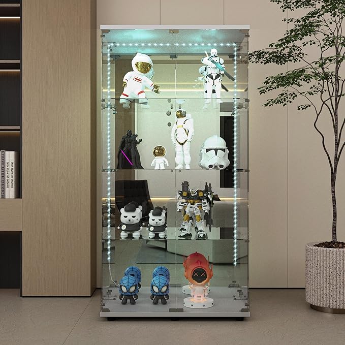 Yoluckea 4-Tier Glass Display Cabinet with Bluetooth LED Light Strip, 2-Door Floor Standing Curio Cabinet with Adjustable Feet and Mirror Back Panel, White Glass Bookshelf for Collections, Wood Top by Yoluckea