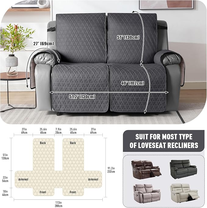 TAOCOCO 100% Waterproof Recliner Cover, Non-Slip Washable Reclining Couch Cover with Elastic Leg Straps, Furniture Protector for Dogs (Black Gray, 2 Seater) - Image 3