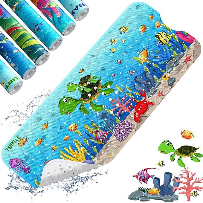 XIYUNTE Baby Bath Mat for Tub Non Slip Kids Bath Mat - 40''x16'' Extra Long Cartoon Bathtub Mat Non Slip Kids Shower Mat Eco-Friendly Toddler Bath Mats with Suction Cups, Machine Washable, Sea Turtle by XIYUNTE