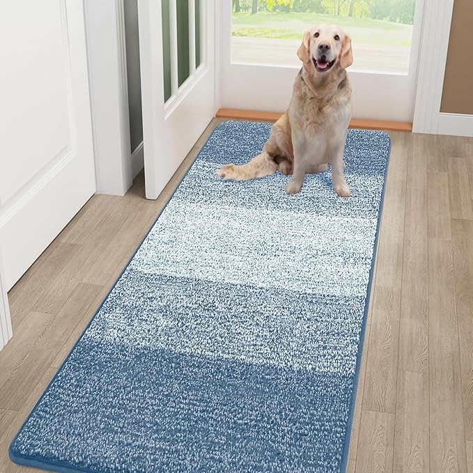 Smiry Dog Door Mat for Muddy Paws, Absorbs Moisture and Dirt, Low-Profile Entryway Mat with Non-Slip Backing, Entry Indoor Outdoor Doormat for Inside Floor (48x32 Inches, Light Blue, Striped) by Smiry