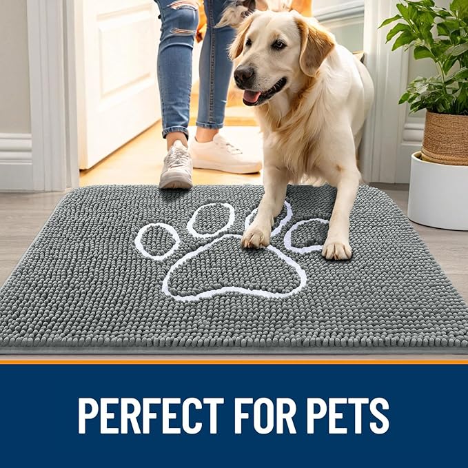 OLANLY Dog Door Mat for Muddy Paws 36x24, Paw Print Design, Absorbs Moisture and Dirt, Absorbent Non-Slip Washable Doormat, Quick Dry Chenille Mud Mat, Entry Indoor Entryway Carpet, Grey and White - Image 6