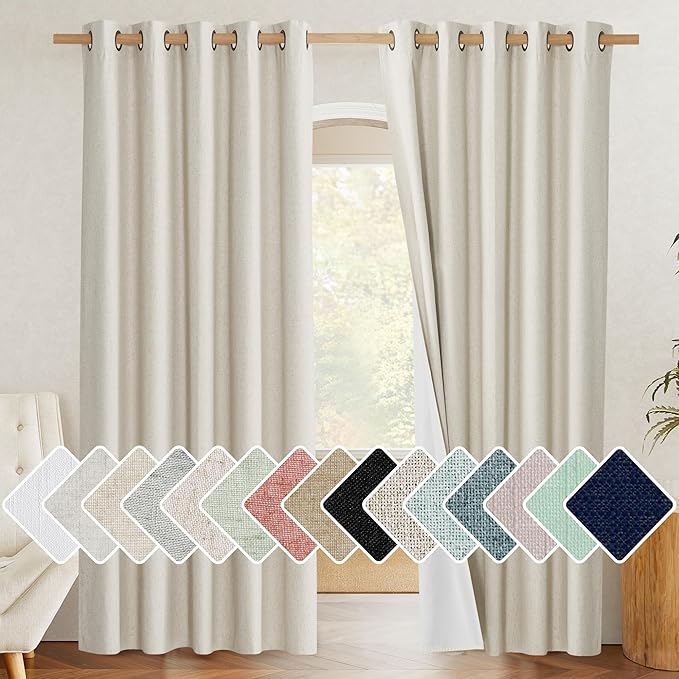 NICETOWN Natural 100% Blackout Linen Curtains 84 inch Long Burg for Living Room, 1 Pair, 62" Width Each Panel, Farmhouse Thick Completely Blackout Window Treatment Thermal Insulated Drapes by NICETOWN