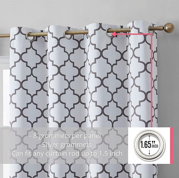 HLC.ME Lattice Print Decorative Curtains Blackout 54 Length - Thermal Insulated Room Darkening Grommet Window Drapes Panels for Basement Windows - Platinum White & Grey - Set of 2-52 x 54 Inch - Image 2