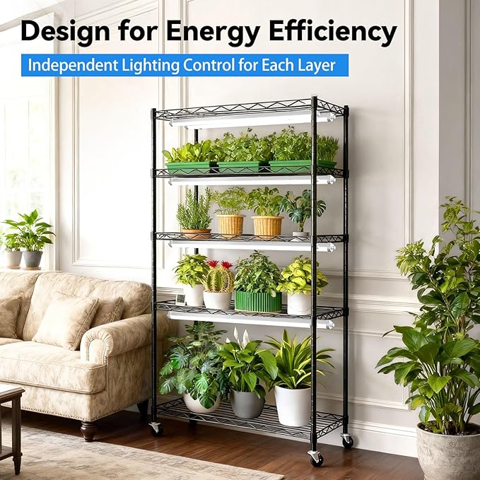 JESLED Indoor Greenhouse with Grow Light, 3FT Full Spectrum 5000K LED Light for Seed Starting, Tiered Lighting Control, Built-in Timer & Thermo-Hygrometer, Rolling Metal Plant Stand (35.4x13.8x70IN) - Image 7