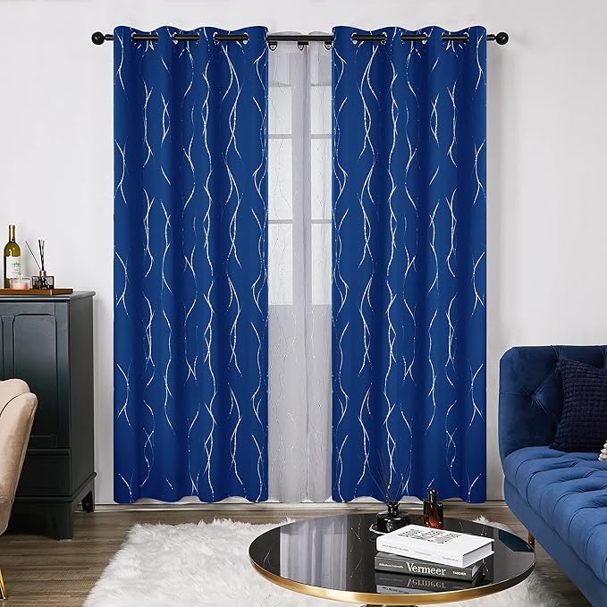 Deconovo Blackout Curtains, 52 x 108 Inch Drape for Sliding Door with Wave Dot Silver Print, Soundproof Thermal Insulated Window Curtain for Bedroom Living Room, Set of 2, Machine Washable, Royal Blue - Image 2