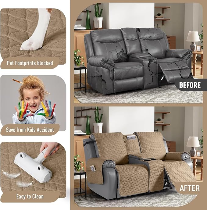 TAOCOCO 100% Waterproof Loveseat Recliner Couch Sofa Covers with Console,Double Reclining Couch Cover Non-Slip Sofa Slipcovers Washable,Furniture Protector Covers for Kids,Pets(2 Seater,Camel) - Image 2