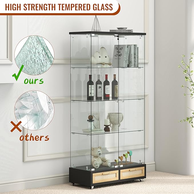 Yoluckea 4-Tier Glass Display Cabinet with LED Lighting and 2 Drawers, 2-Door Floor Standing Curio Cabinet with Wheel for Home, Office, Corner Display, Black Glass Bookshelf for Collections and Decor - Image 6