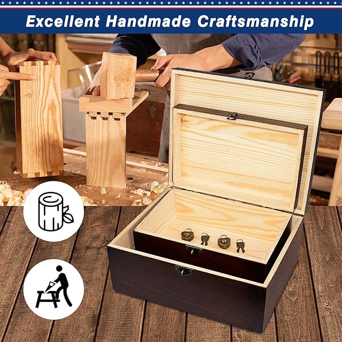 Wood Keepsake Boxes with Lock and Keys Handcrafted Decorative Wooden Storage Case Cabinet Container Hinged Lid Country Rustic Style Organizer for Trinkets Gift Card Collection Coffee Color 2 Pack - Image 2