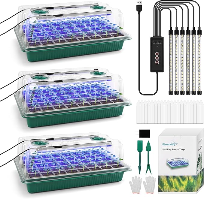 BlumWay Seed Starter Tray with Grow Light,3 Pack 120 Cells Seedling Tray with Humidity Dome/Indoor Grow Kit for Deep-Rooted Seedlings,Adjustable/Timed Light Plant Starter Set by BlumWay