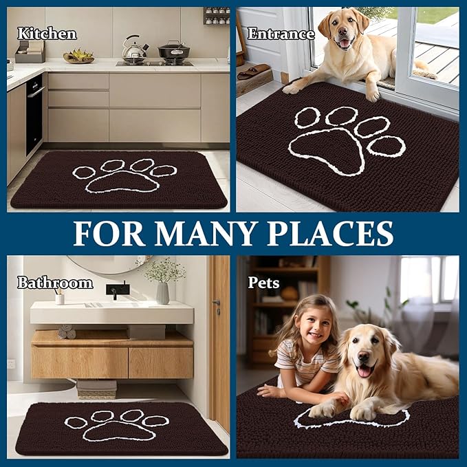 OLANLY Dog Door Mat for Muddy Paws 54x24, Paw Print Design, Absorbs Moisture and Dirt, Absorbent Non-Slip Washable Doormat, Quick Dry Chenille Mud Mat for Dogs, Entry Indoor Entryway Carpet, Brown - Image 8