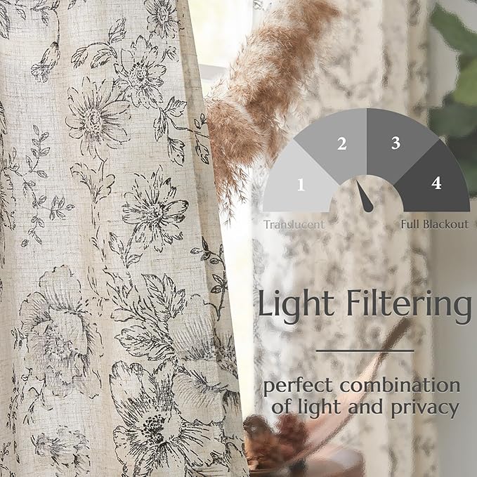 jinchan Lined Linen Blend Curtain Floral Curtains for Living Room 84 Inches Long Black Peony Flower Printed Curtain Back Tab Farmhouse Patterned Drapes Bedroom Window Curtains Set 2 Panels - Image 4