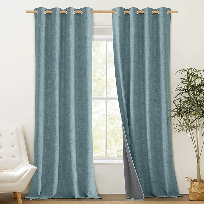 NICETOWN 100% Absolutely Blackout Linen Curtains with Thermal Insulated Liner, Skylark Blue, 52" Wide, 102" Length Energy Saving Curtains for Living Room 2 Panels Set, Vertical Blinds - Image 2