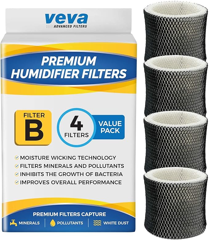 VEVA 4 Pack Premium Humidifier Filters Replacement for Holmes Filter B, HWF64, and Other Sunbeam Bionaire Cool Mist Humidifiers by VEVA
