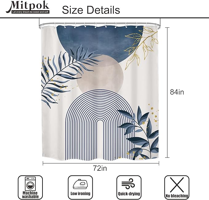 Blue Gray Boho Shower Curtain 72Wx84H Extra Long Dusty Blue Modern Bohemian Abstract Gold Leaf Mid Century Plant Bathroom Decor Minimalist Geometric Bath Curtain Fabric Polyester 12 Pack Hooks - Image 5
