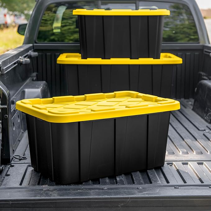 Sterilite 38 Gal Industrial Tote, Stackable Storage Bin with Snap-Fit Lid for Garage, Basement & Attic Storage, Black Base and Yellow Lily Lid, 4-Pack - Image 9