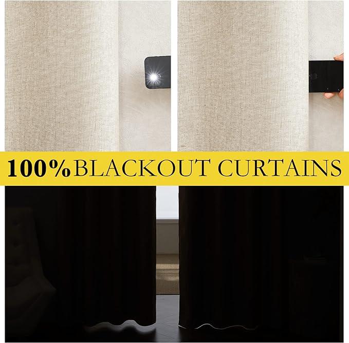 NICETOWN Linen Blackout Curtains for Kitchen, Beige, 2 Panels, 34" Wide x 48" Long, Short Kitchen Burlap Linen 100% Blackout Drape Panels for Night Shift, Great Job for Blocking Light - Image 2