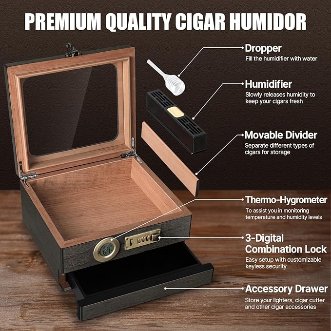 Cigar Humidor,Cedar Wood Humidor Cigar Box,Glass Top Desktop Humidor with Digital Thermo-Hygrometer, Humidifier, Divider, Accessories Drawer and Combination Lock,Cigar Gift for Men - Image 2