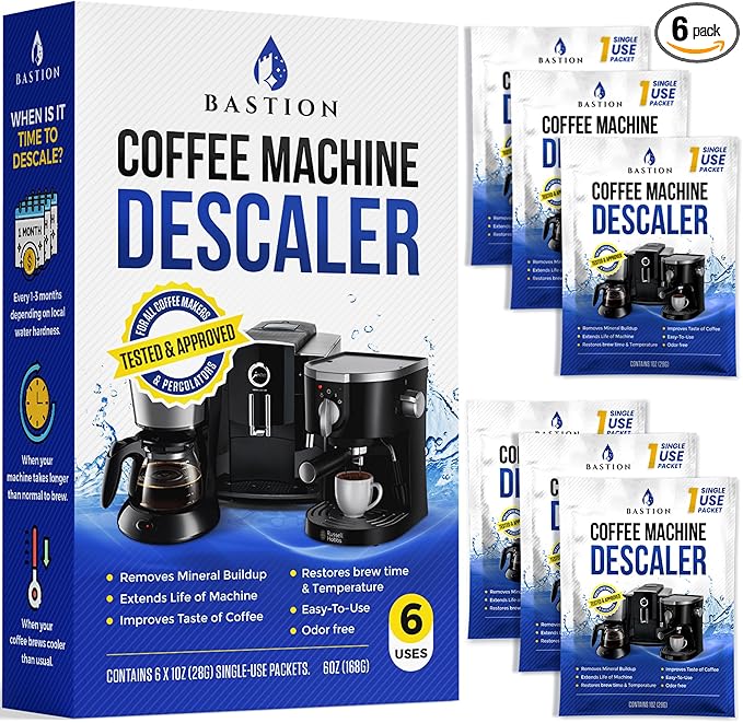 Descaling Powder Solution (6-Uses) Coffee Machine Descaler Cleaner | Compatible with Breville Keurig Nespresso Delonghi Ninja | To Descale Automatic Coffee Pots & Makers & Espresso Machines by bastion