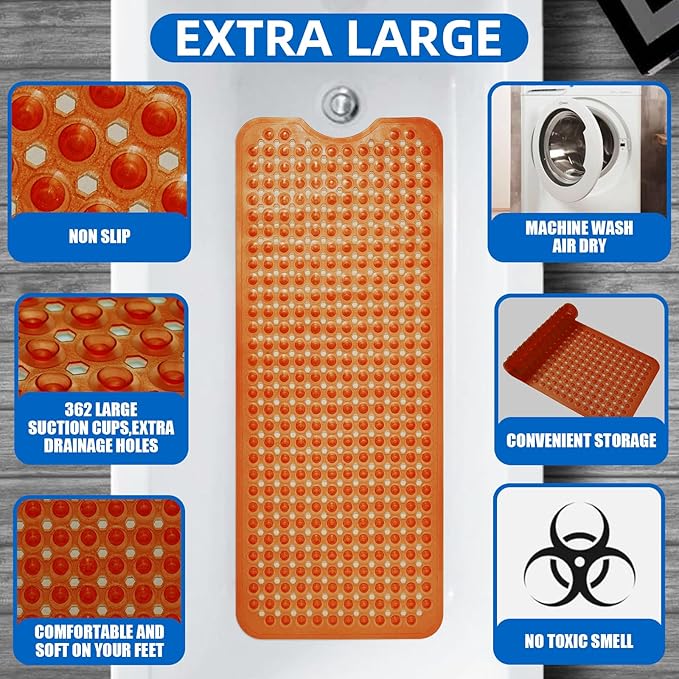ZHICHENG Bath Tub and Shower Mats, Non-Slip 39 x 16 Inch Extra Long Bath Mat, Machine Washable Bathtub Mat with Drain Holes, Suction Cups for Bathroom (Colour Brown) - Image 3
