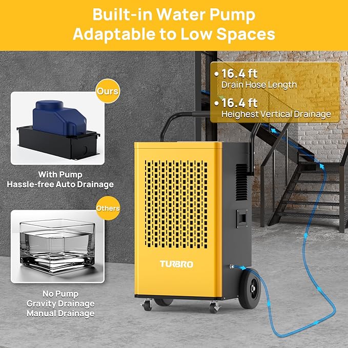 TURBRO 245 Pint Commercial Dehumidifier with Pump and Drain Hose, for Large Spaces, Rolling Wheels, Faster Defrost, for Basements, Warehouses, Flood Restoration, Industrial Sites - Image 4