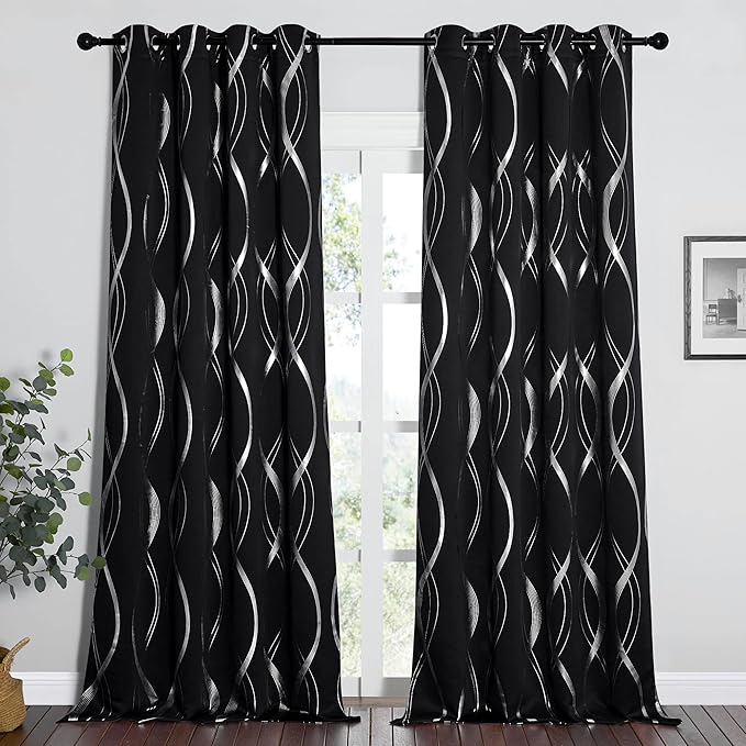 NICETOWN Black Out Curtains 102 inch Long 2 Panels Burg for Living Room, Extra Long Blackout Drapes for Office Window, Foil Printed Wave Lines Energy Saving Thermal Insulated Draperies for Bedroom - Image 2