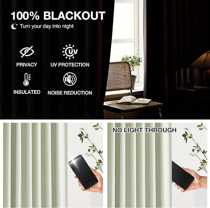 Kayne Studio Soft Green Pinch Pleated Full Blackout Curtains, Linen Blend Room Darkening Thermal Insulated Soundproof Drapes, 95 Inch Back Tab Window Curtains for Living Room Bedroom(2 Panels,40"x95") - Image 4