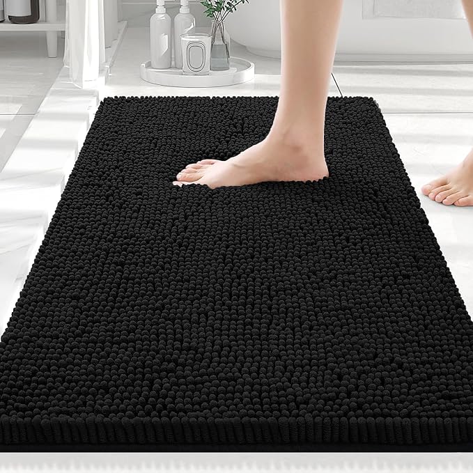 Smiry Luxury Chenille Bathroom Rugs 30x20, Extra Soft and Absorbent Shaggy Bath Mat, Machine Washable, Non-Slip Plush Carpet Runner for Tub, Shower, and Floor, Home Decor Accessories, Black by Smiry