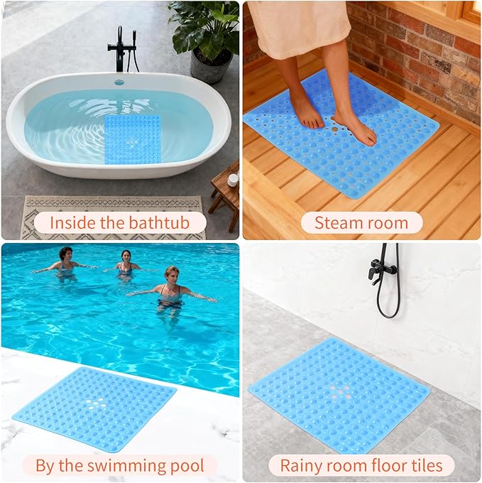 Anti-Slip Bathtub Shower mat, 20.8×20.8（Approximately 53×53cm） inch Soft Oversized Machine Washable Non-Slip Bathtub mat with Drainage Holes, Bathroom Floor Suction Cup.（1-Clear Blue） - Image 7