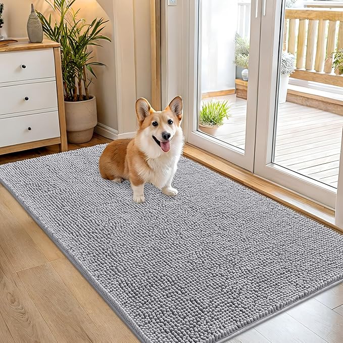 OLANLY Dog Door Mat for Muddy Paws 54x32, Absorbs Moisture and Dirt, Absorbent Non-Slip Washable Doormat, Quick Dry Chenille Mud Mat for Dogs, Entry Indoor Entryway Carpet for Inside Floor, Light Grey by OLANLY