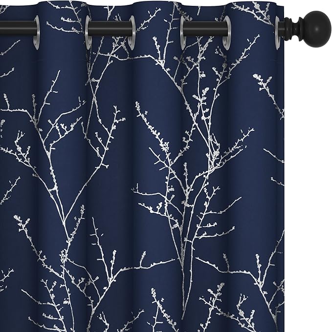 Deconovo Blackout Curtains, Navy Blue Curtain, Thermal Insulated Soundproof Drapes, Branch Silver Print, 52 x 63 Inch Long, Machine Washable Grommet Panels for Bedroom Living Room Office, Set of 2 by Deconovo