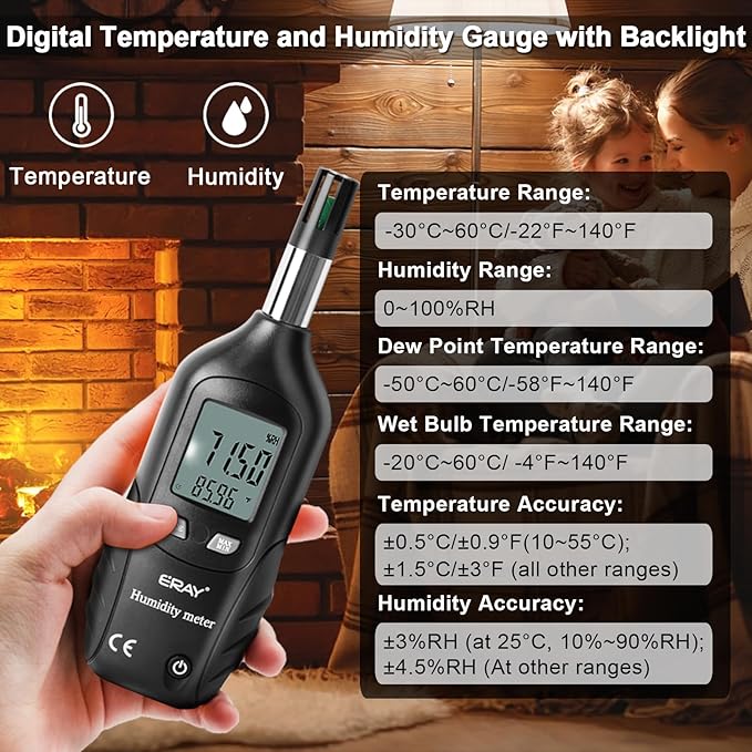 ERAY Digital Psychrometer Thermometer Hygrometer with Backlight, Temperature and Humidity Reader Meter Thermo-Hygrometer with Dew Point and Wet Bulb Temperature, 9V Battery Included(Black) - Image 2