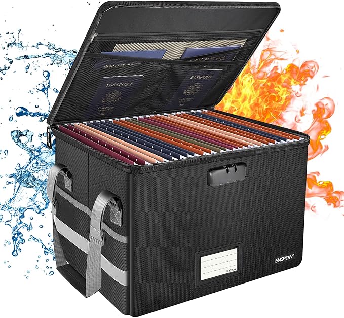 ENGPOW File Box with Lock,Fireproof Document Box with Zipper＆Pockets,Collapsible File Organizer Filing Storage Cabinet with Handle,Portable Home Office Safe for Hanging Letter/Legal Folder,Black by ENGPOW