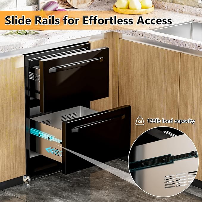 24 Inch Under Counter Dual Drawer Beverage Fridge, Weather Proof Outdoor Beverage Refrigerator for Patio, Stainless Steel Built-in Beverage Cooler for Home & Commercial Use, Black - Image 2