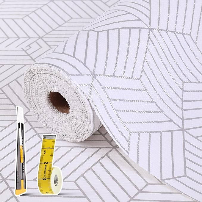 Shelf Liners for Kitchen Cabinets Non Adhesive Shelf Liner Paper Non-Slip Thickened Drawer Liner Easy to Clean for Tool Box Refrigerator with Knife and Tape Measure, Silver Geometric, 23.6 x 236.2 in by Oneoftheworld