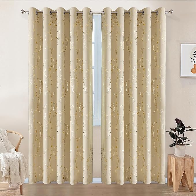 BUHUA Blackout Curtains Gold Foil Print Flower Vine Grommet Drapes, Room Darkening Thermal Insulated Curtains, Noise Reducing Curtain for Bedroom, Beige, 66Wx63L, 2 Panels - Image 2
