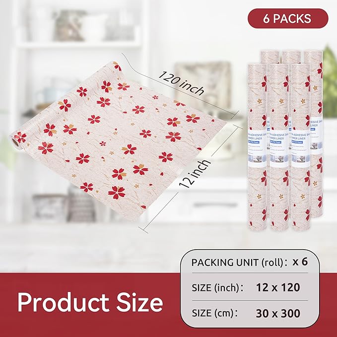 FIFTY FEET 12"x120" Non-Adhesive Shelf Liner for Kitchen Cabinets and Drawers, Washable Non-Slip PVC Cabinet Liner (Red Floral)(6 Roll) - Image 5