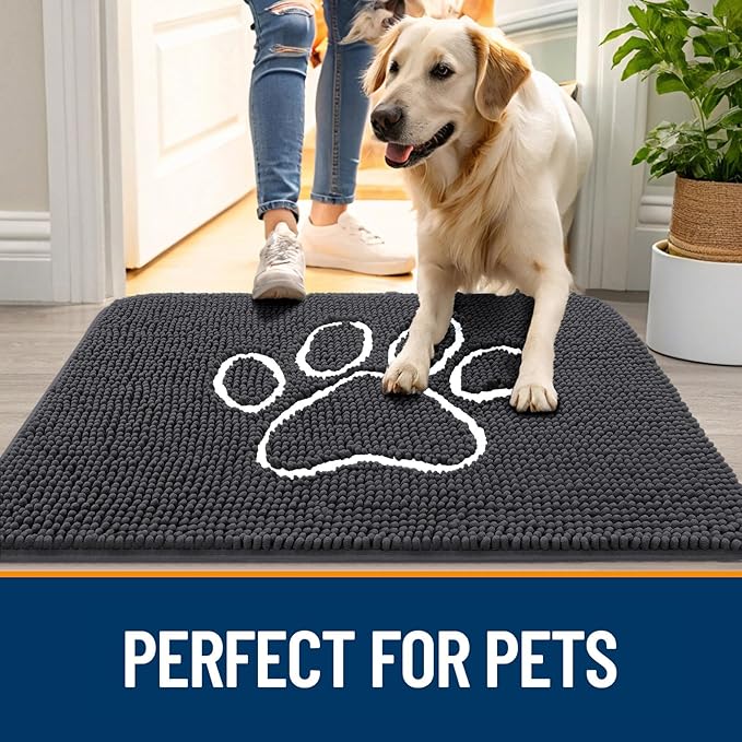 OLANLY Dog Door Mat for Muddy Paws 70x32, Paw Print Design, Absorbs Moisture and Dirt, Absorbent Non-Slip Washable Doormat, Quick Dry Chenille Mud Mat for Dogs, Entry Indoor Entryway Carpet, Dark Grey - Image 6