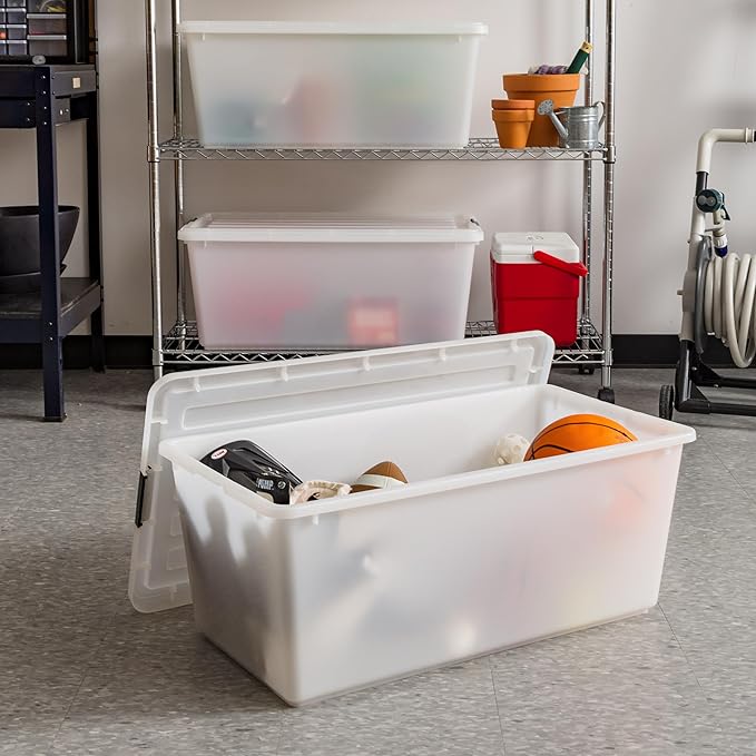 IRIS USA 91 Qt Stackable Plastic Storage Bins with Lids, 4 Pack - BPA-Free, Discreet Organizing Solution, Latches, Durable Nestable Containers, Secure Pull Handle, Made in USA - Pearl - Image 5