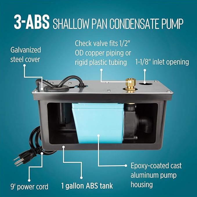 Little Giant 3-ABS 1/12 HP, 115 Volt, 310 GPH Automatic Shallow Pan Condensate Removal Pump with Condensate Collection Tank, Black/Blue, 551320 - Image 4