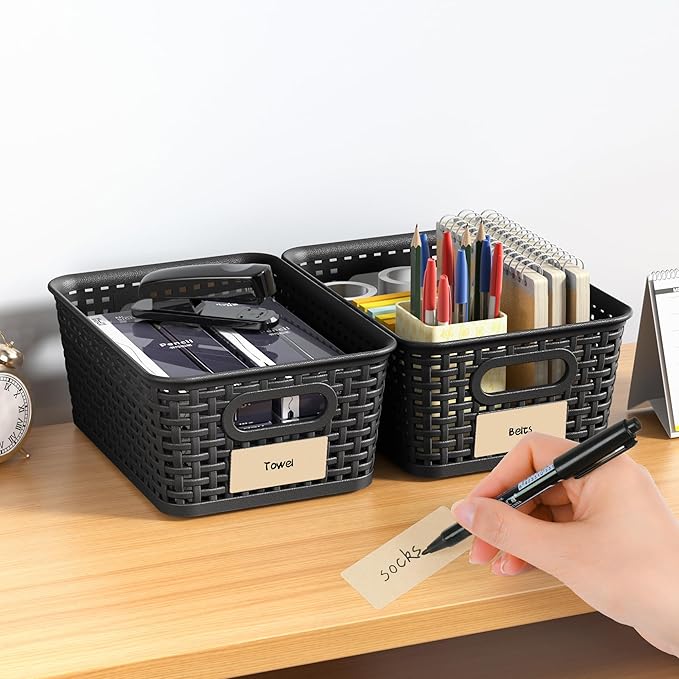 Black Plastic Storage Baskets - Pack of 8 with Labels Stackable Durable Storage Bins, Storage Containers for Organizing Desktops, Closets, Playrooms, Classrooms, Offices - Image 7