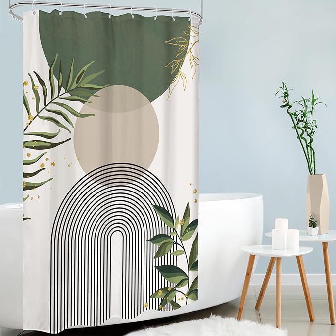 Stall Small Boho Shower Curtain 48Wx72H Rv Sage Green Modern Bohemian Abstract Leaves Mid Century Plant Half Narrow Bathroom Decor Minimalist Geometric Bath Curtain Fabric Polyester 8 Pack Hook - Image 2