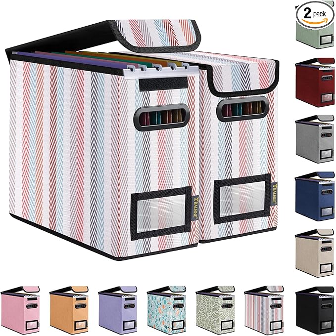 BALEINE File Organizer Box with Lid, Collapsible File Folder Organizer with Plastic Slide, Hanging File Folder Box for Office Document Storage (2 Pack, Color Stripe, S) by BALEINE