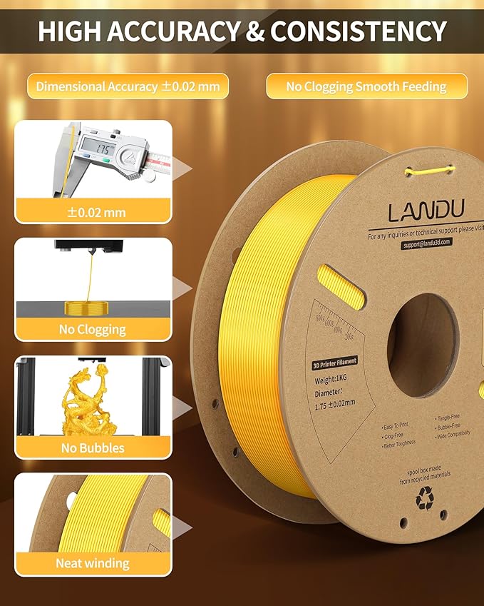 LANDU Silk PLA Filament 1.75mm Gold 1KG, 3D Printer Filament Dimensional Accuracy +/- 0.02mm, 1kg Cardboard Spool(2.2lbs), Neatly Wound 3D Printing Filament Fits for Most FFF 3D Printers, Gold - Image 2