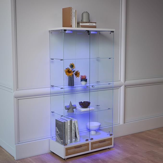 Yoluckea 4-Tier Glass Display Cabinet with LED Lighting and 2 Drawers, 2-Door Floor Standing Curio Cabinet with Wheel for Home, Office, Corner Display, White Glass Bookshelf for Collections and Decor - Image 8