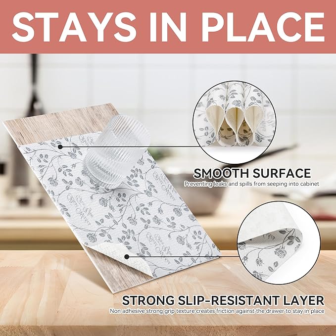 RAY STAR Shelf Liner, 12 Inch x 10 Feet Non Adhesive Floral Kitchen Cabinet Liner for Pantry Drawer Vanity, Strong Grip Non Slip, Wisteria Grey Shelf Liners for Kitchen Cabinets Cupboard - Image 3