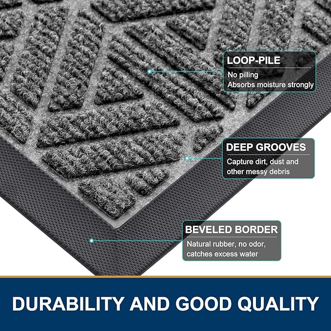 Smiry Front Door Mat Outside Entrance, Heavy Duty Sturdy Natural Rubber Doormat, Trap Dirt and Moisture, Easy Clean Low Profile Mats for Indoor Outdoor Entry, Grid Geometric (47x32, Silver Grey) - Image 4