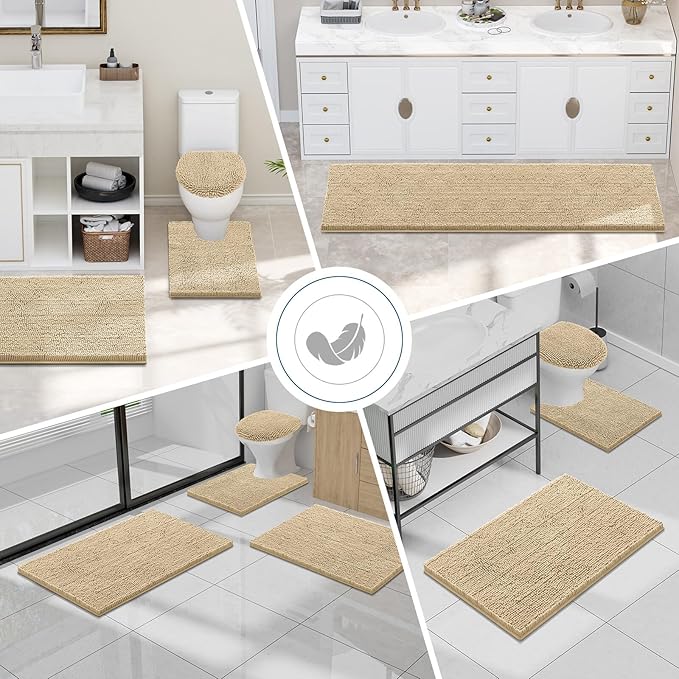 Smiry Luxury Chenille Bathroom Rugs 47x24, Extra Soft and Absorbent Shaggy Bath Mat, Machine Washable, Non-Slip Plush Carpet Runner for Tub, Shower, and Floor, Home Decor Accessories, Beige - Image 8