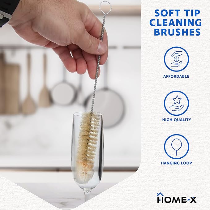 HOME-X Soft-Tip Cleaning Brush Set, Soft Scrub Brush with Long Handle, Handy Crevice-Cleaning Tool, Glassware-Cleaning Brush, Set of 3 - Image 5
